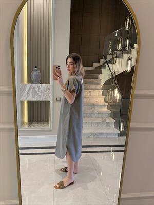 Vizon V Yaka Ham Keten Midi Boy Elbise-3131