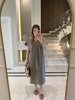 Vizon V Yaka Ham Keten Midi Boy Elbise-3131