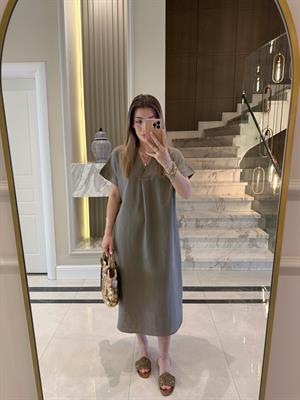 Vizon V Yaka Ham Keten Midi Boy Elbise-3131