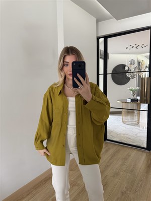 Yağ Yeşili Düşük Omuzlu Oversize Tensel Gömlek-4612