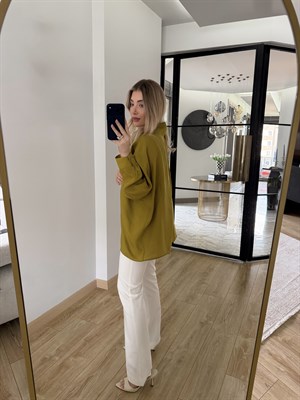 Yağ Yeşili Düşük Omuzlu Oversize Tensel Gömlek-4612