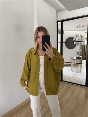 Yağ Yeşili Düşük Omuzlu Oversize Tensel Gömlek-4612