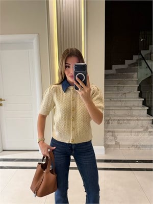 Yakası Jean Detaylı Triko Hırka