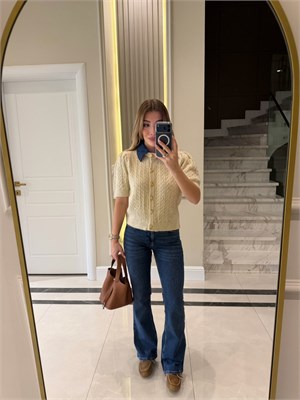 Yakası Jean Detaylı Triko Hırka