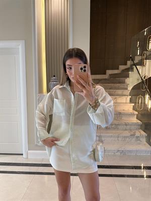 Yeşil-Beyaz Çizgili Ms Oversize Gömlek 
