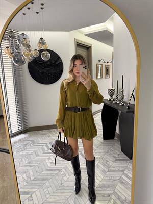 Yeşil Dokulu Şifon Elbise-35537