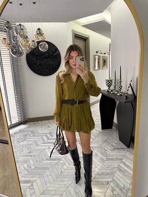 Yeşil Dokulu Şifon Elbise-35537