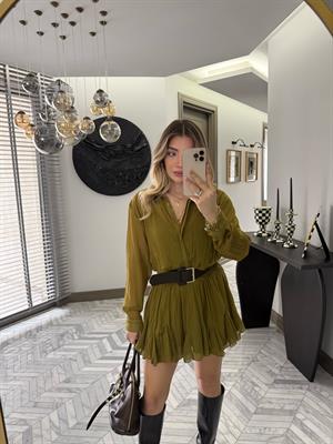 Yeşil Dokulu Şifon Elbise-35537
