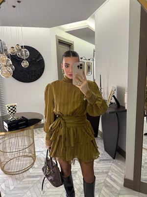 Yeşil Özel Dokuda Kendinden Çizgili Elbise-35540