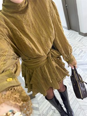 Yeşil Özel Dokuda Kendinden Çizgili Elbise-35540