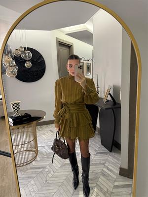 Yeşil Özel Dokuda Kendinden Çizgili Elbise-35540