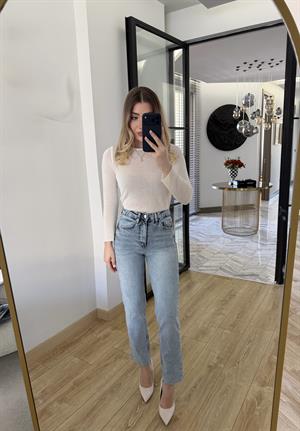 Yıkamalı Mavi Kesik Paçalı Boy Fit Jean -2227