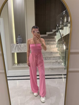 Yüksekbel Beli Lastikli Palazzo Pantolon- Pembe