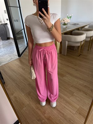 Yüksekbel Beli Lastikli Palazzo Pantolon- Pembe 