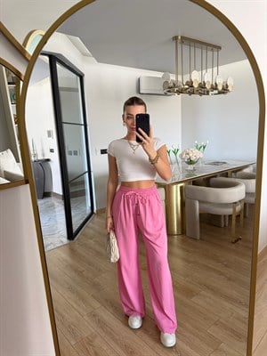 Yüksekbel Beli Lastikli Palazzo Pantolon- Pembe 