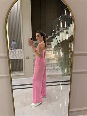 Yüksekbel Beli Lastikli Palazzo Pantolon- Pembe