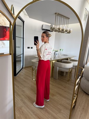 Yüksekbel Beli Lastikli Palazzo Pantolon- Kırmızı