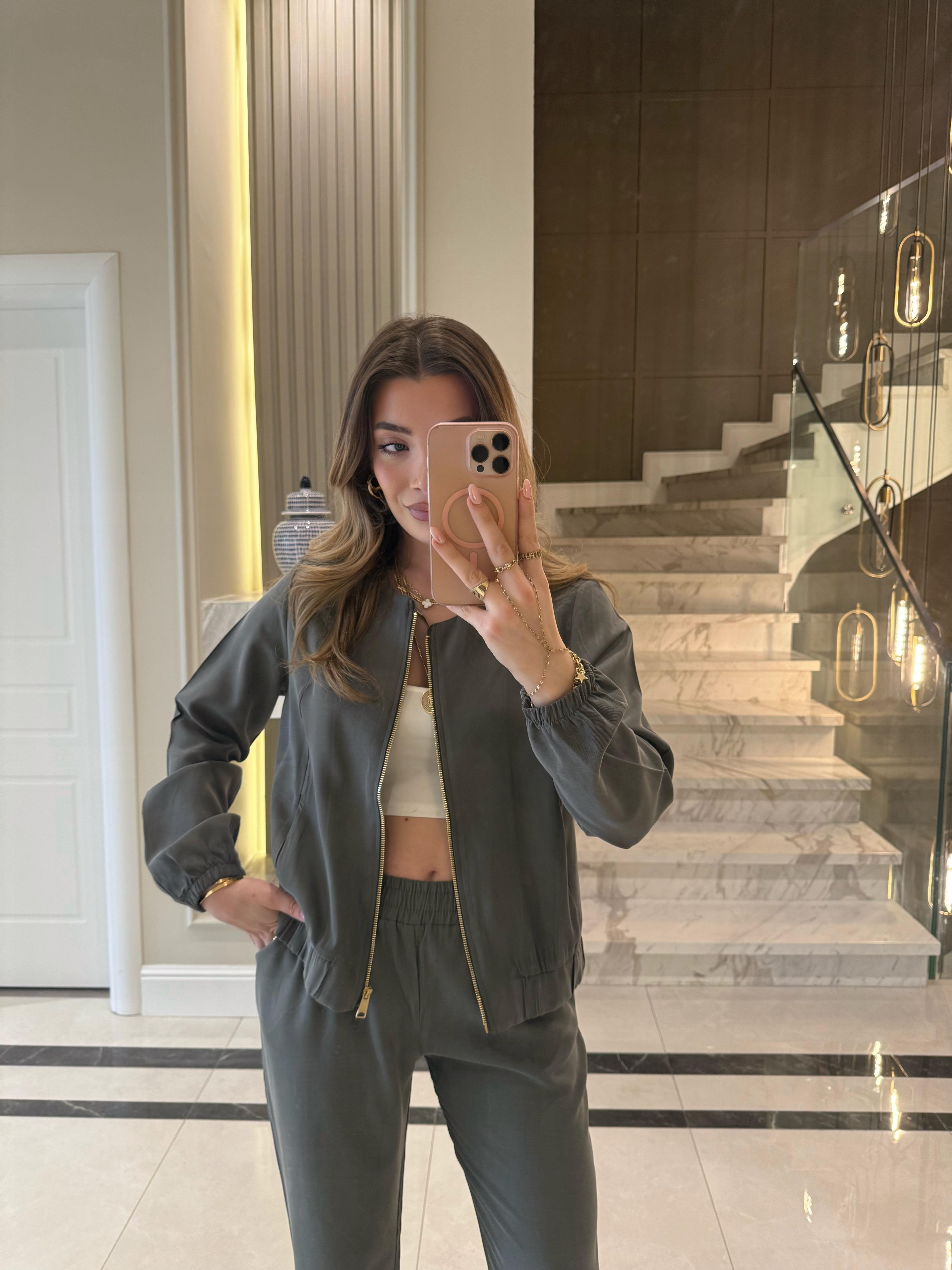  Haki Önü Fermuarlı Lyocell Karışımlı İkili Takım