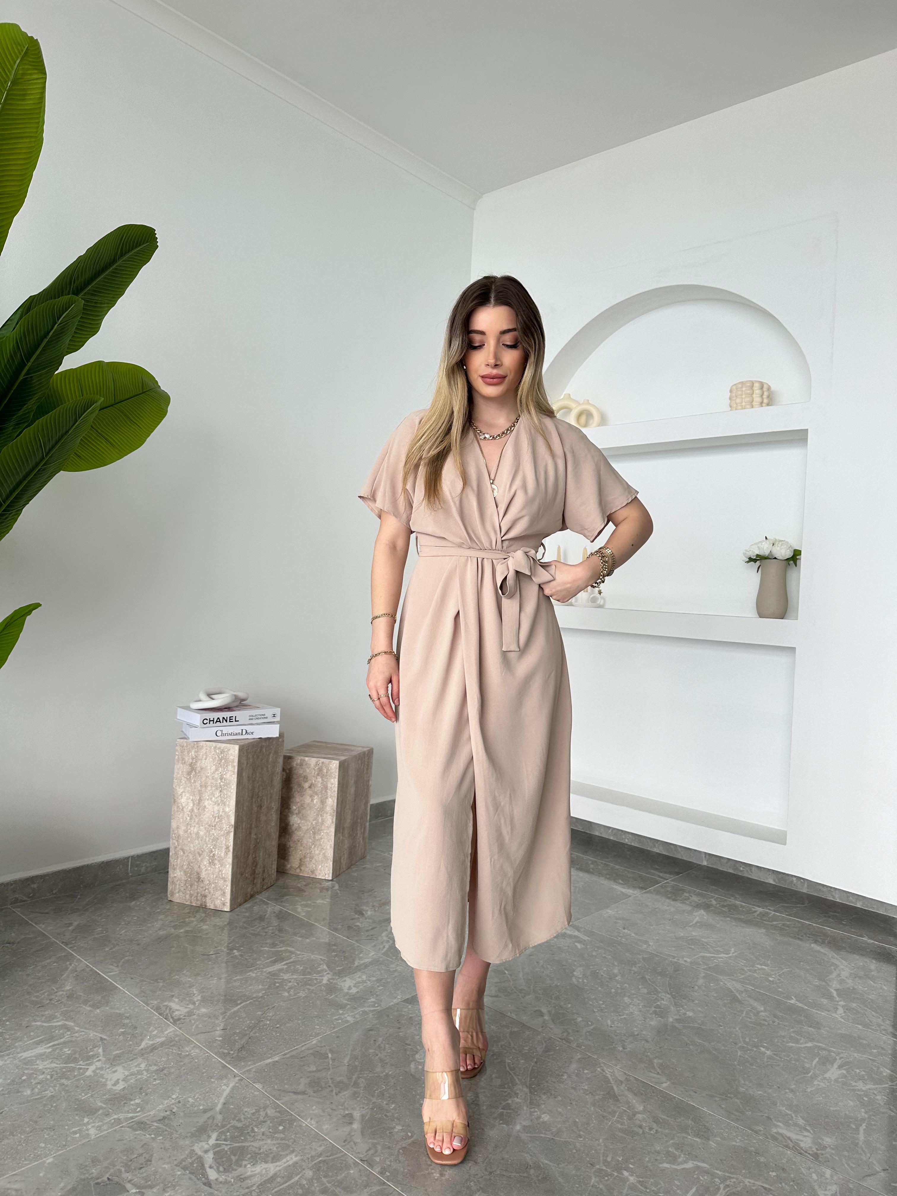 2930-Taş Renk Perry Kuşaklı Midi Elbise