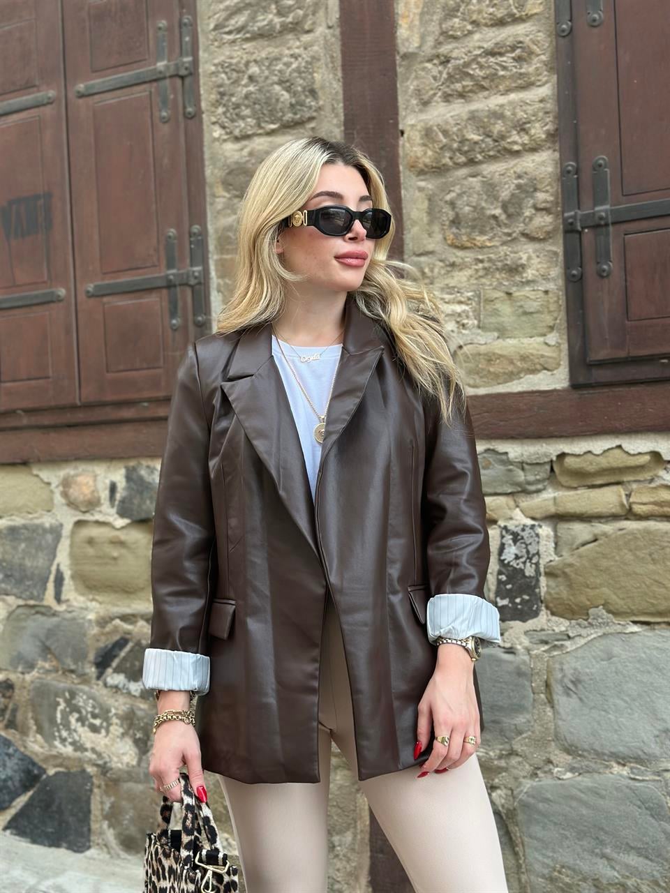 9321-Acı Kahve Deri Blazer Ceket