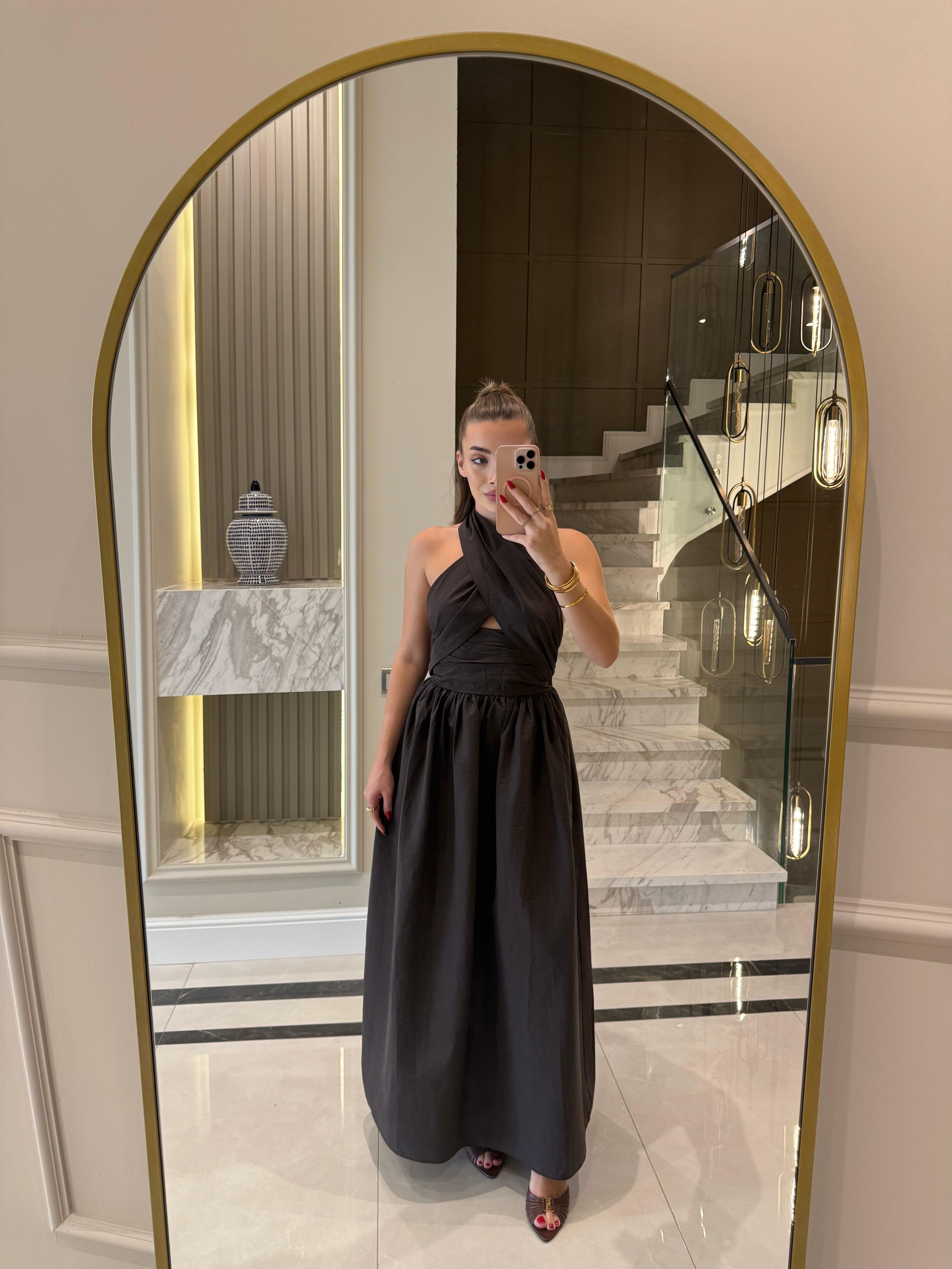 Acı Kahve Çapraz Bağlamalı Midi Elbise