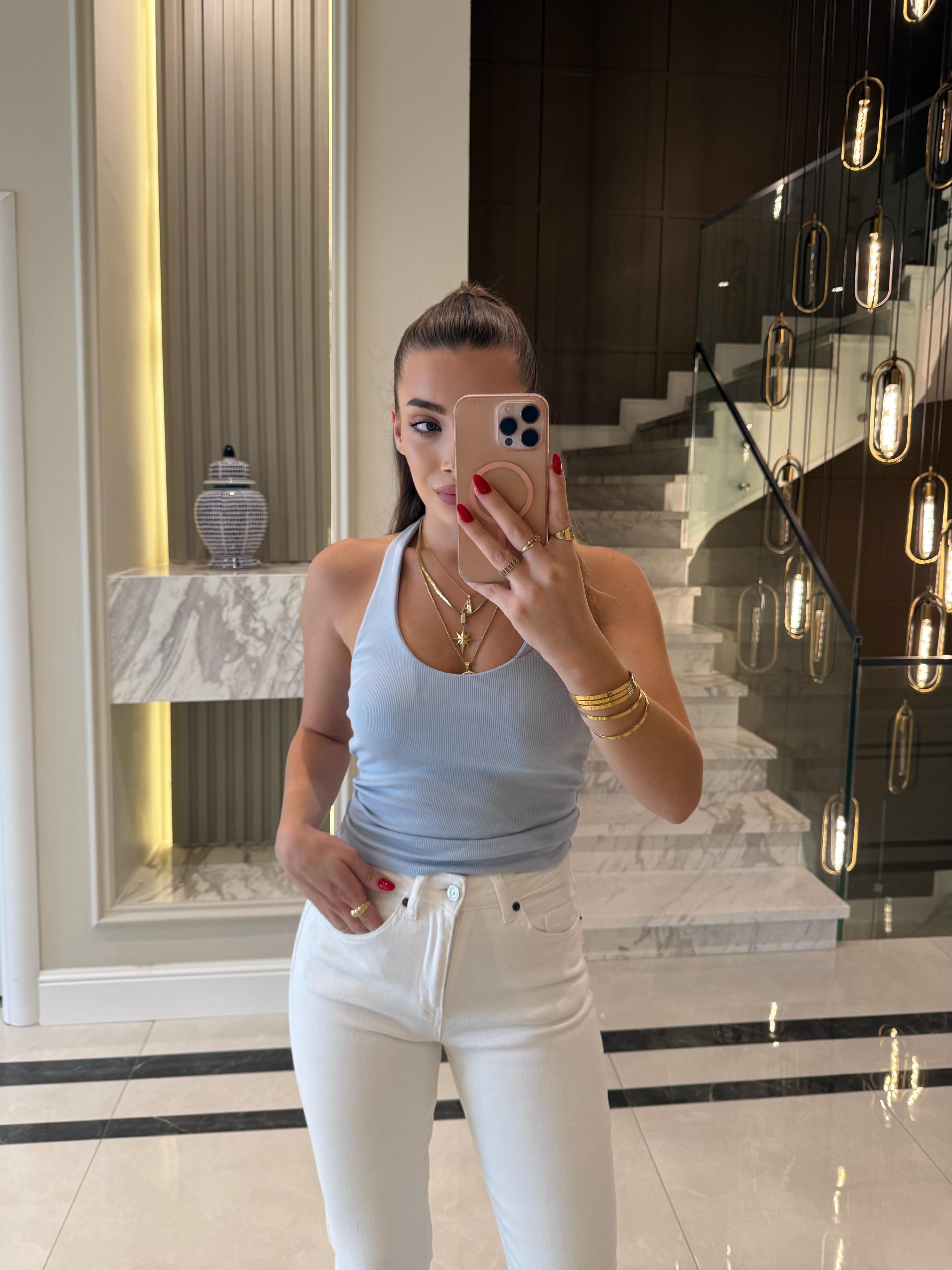 Açık Mavi  Fitilli Halter Yaka Top -21052