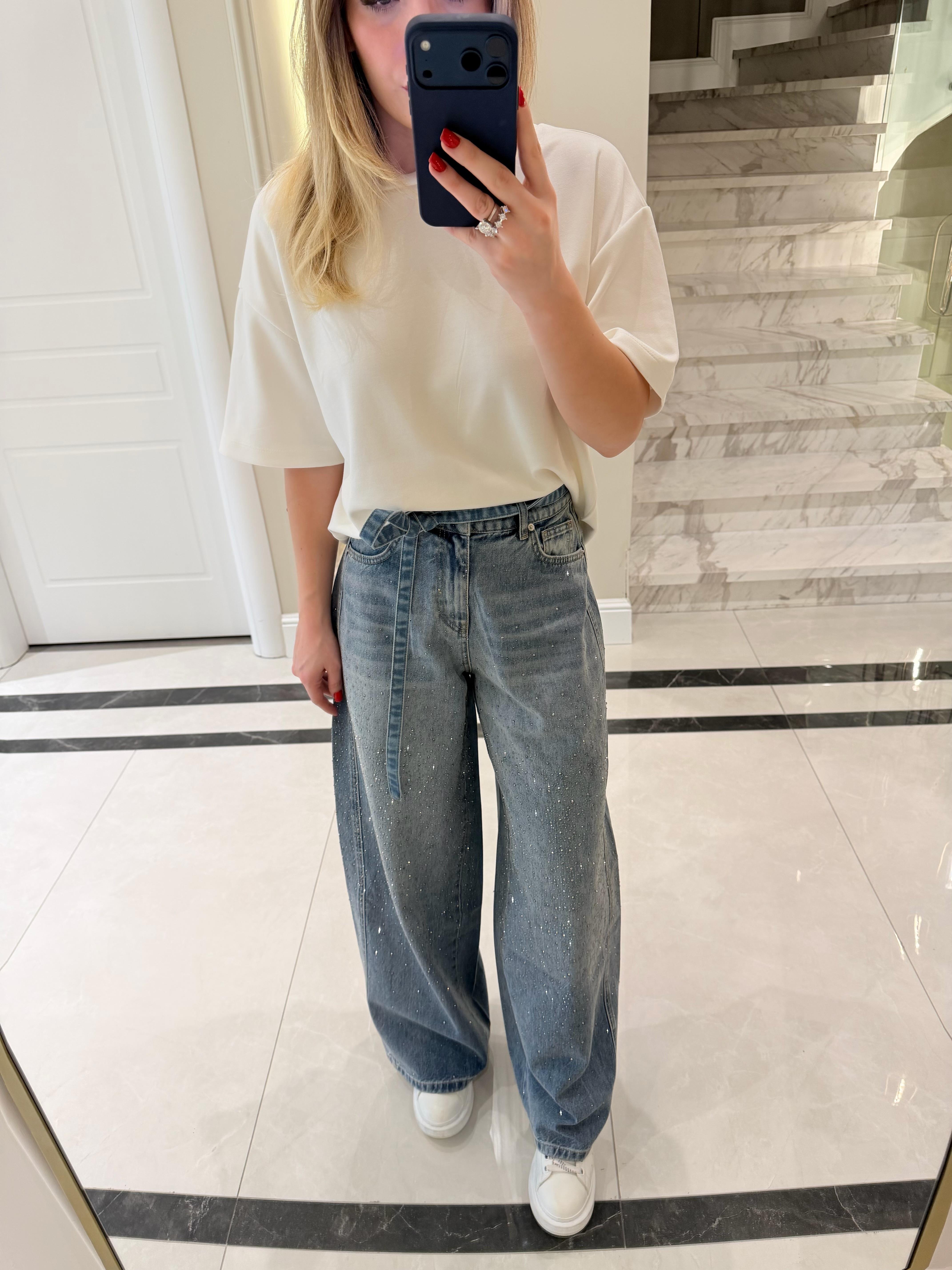 Açık Mavi Önü Taşlı Denim Pantolon