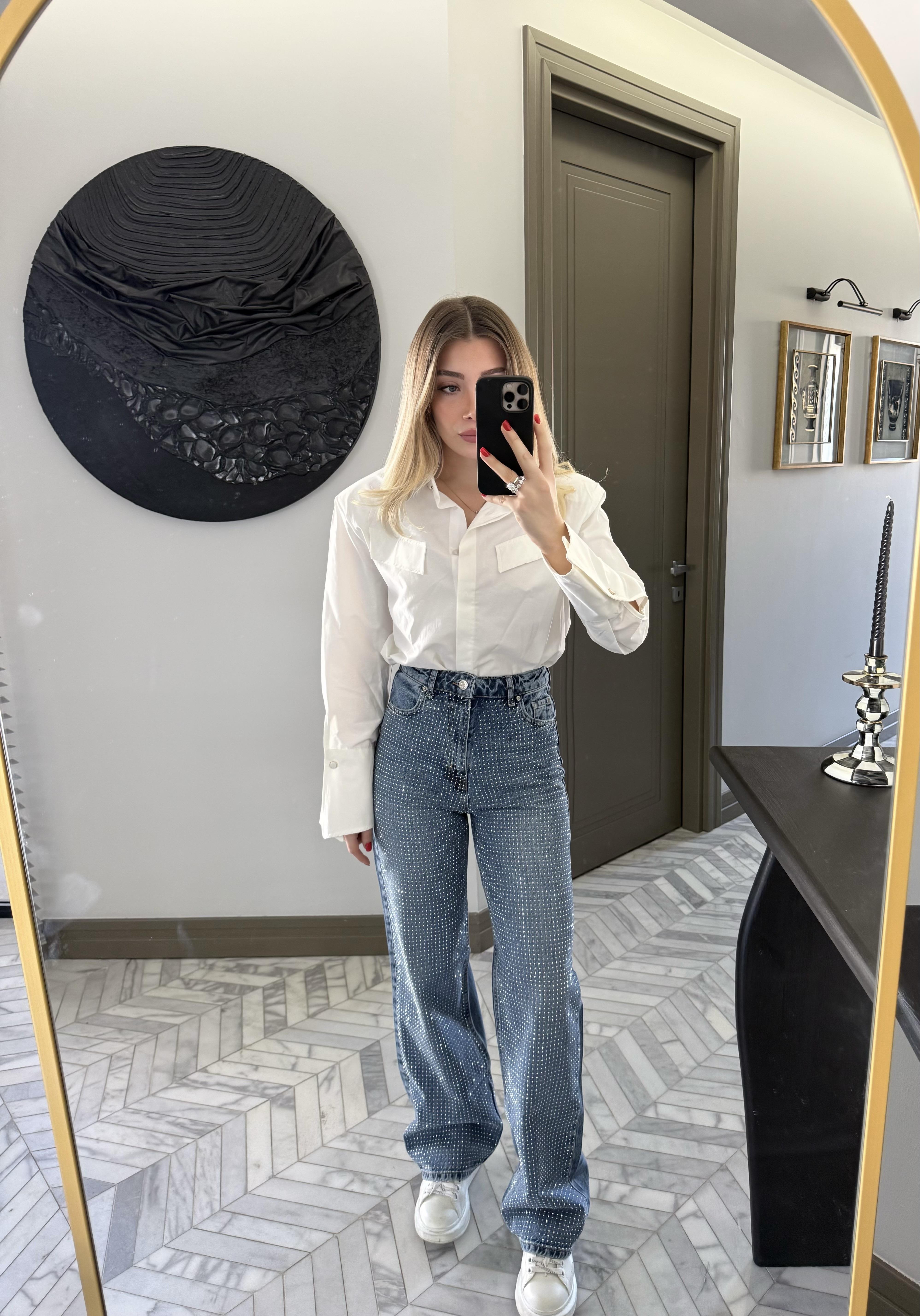 Açık Mavi Taşlı Wide Leg Jean