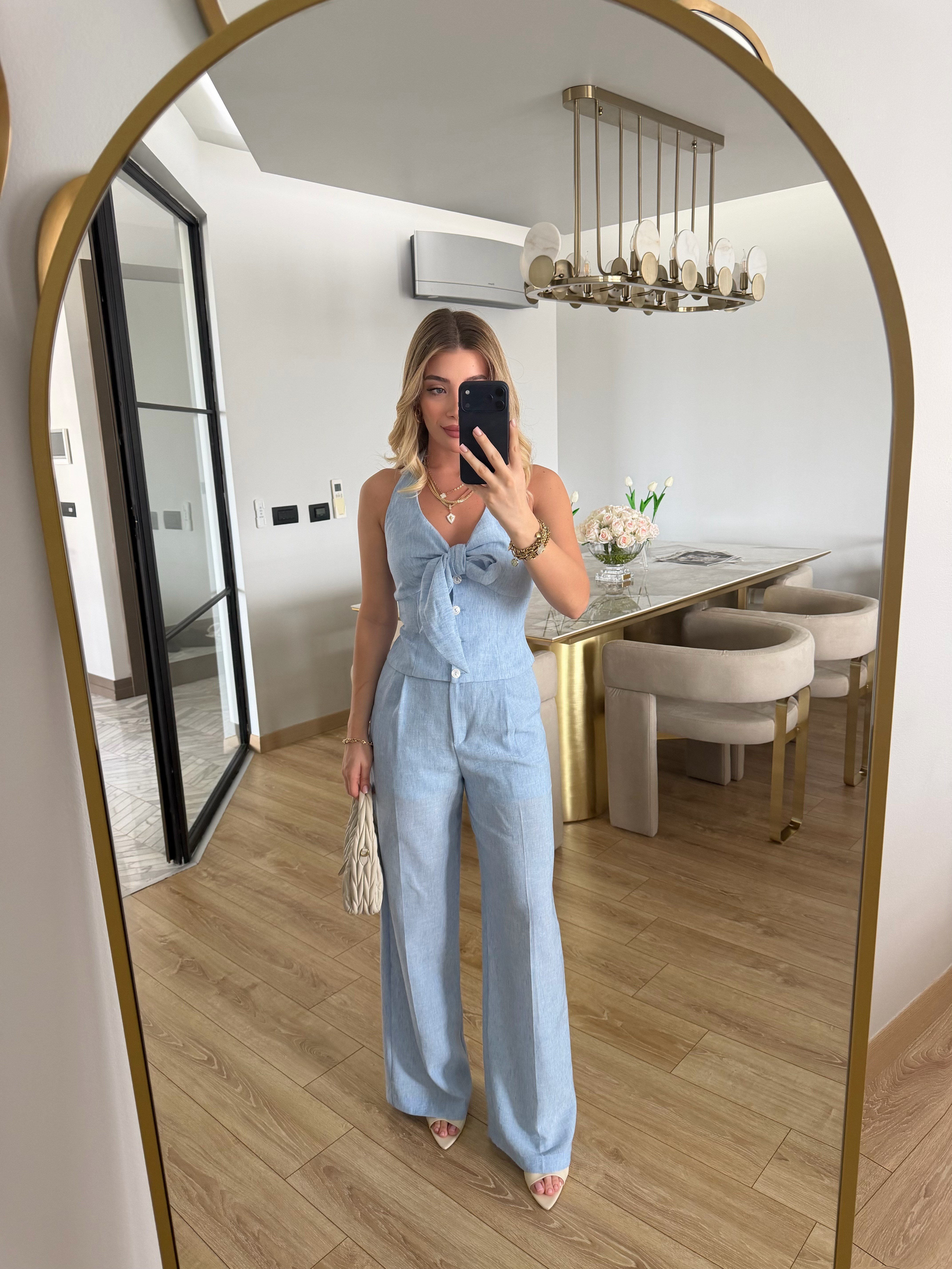 Bebe Mavi Boyundan Bağlamalı Fiyonklu Bluz-Pantolon İkili Takım
