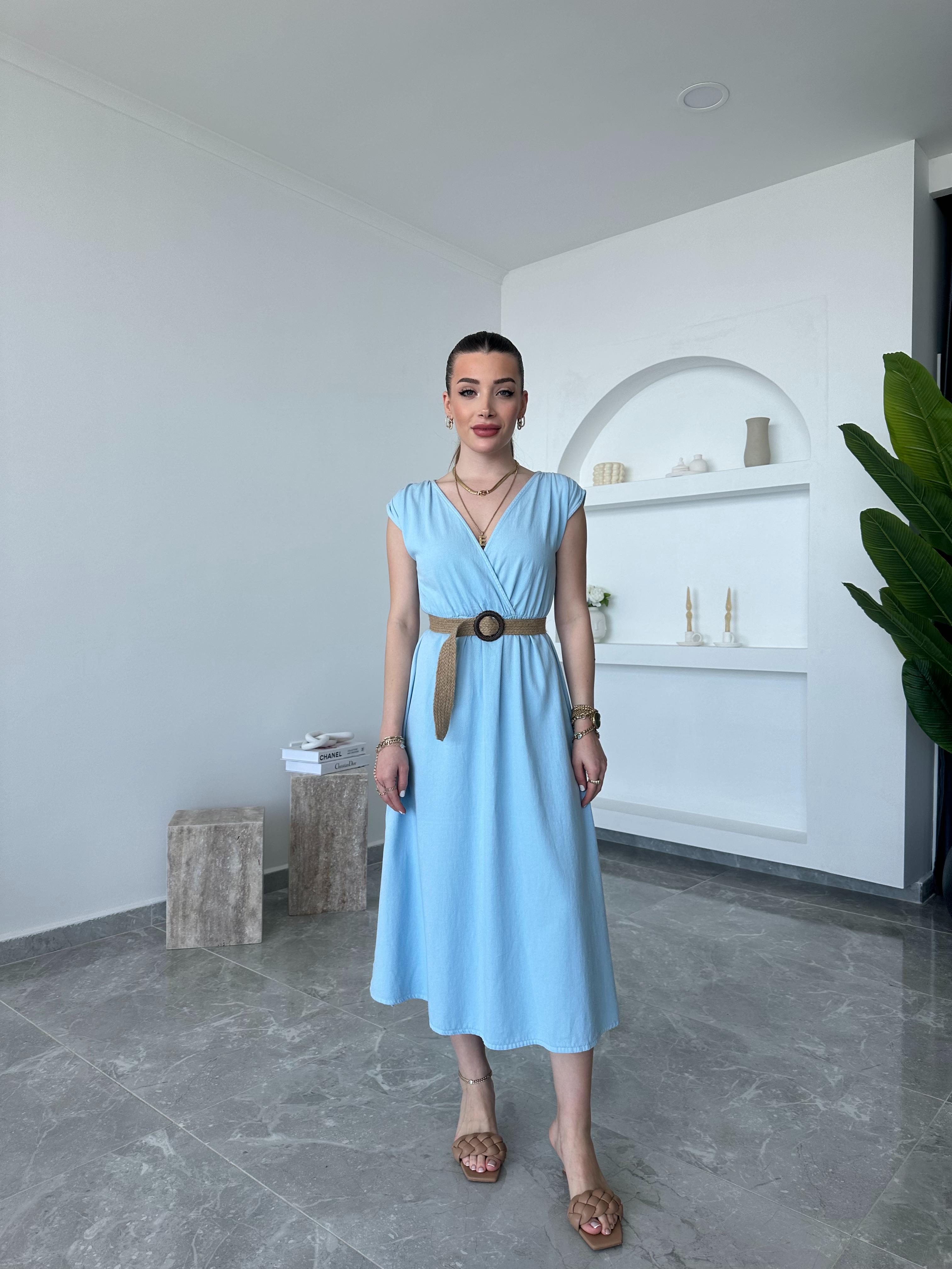 Bebe Mavi Hasır Kemerli Kruvaze Elbise