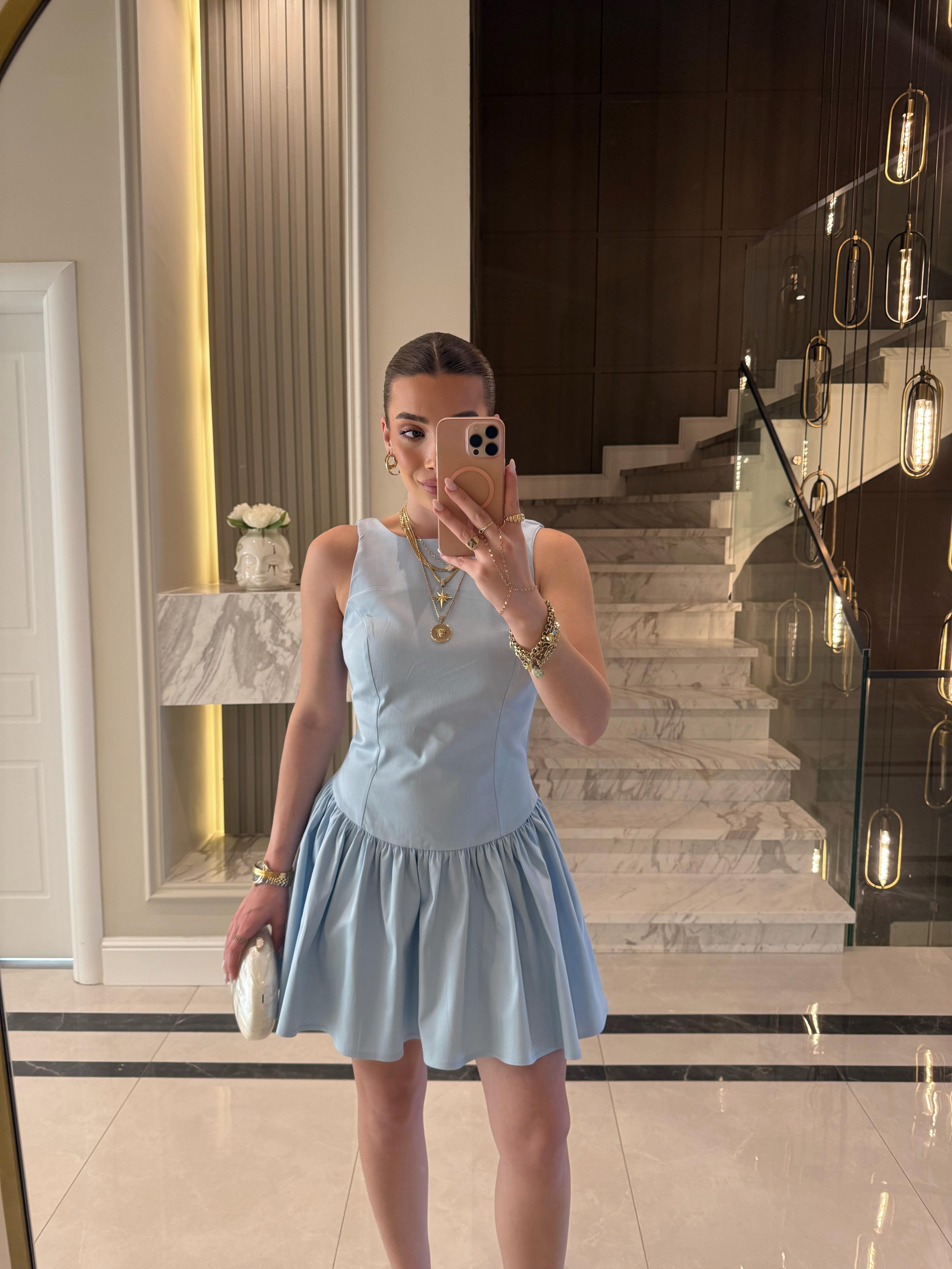 Bebe Mavi  Kuplu Büzgülü Mini Elbise 