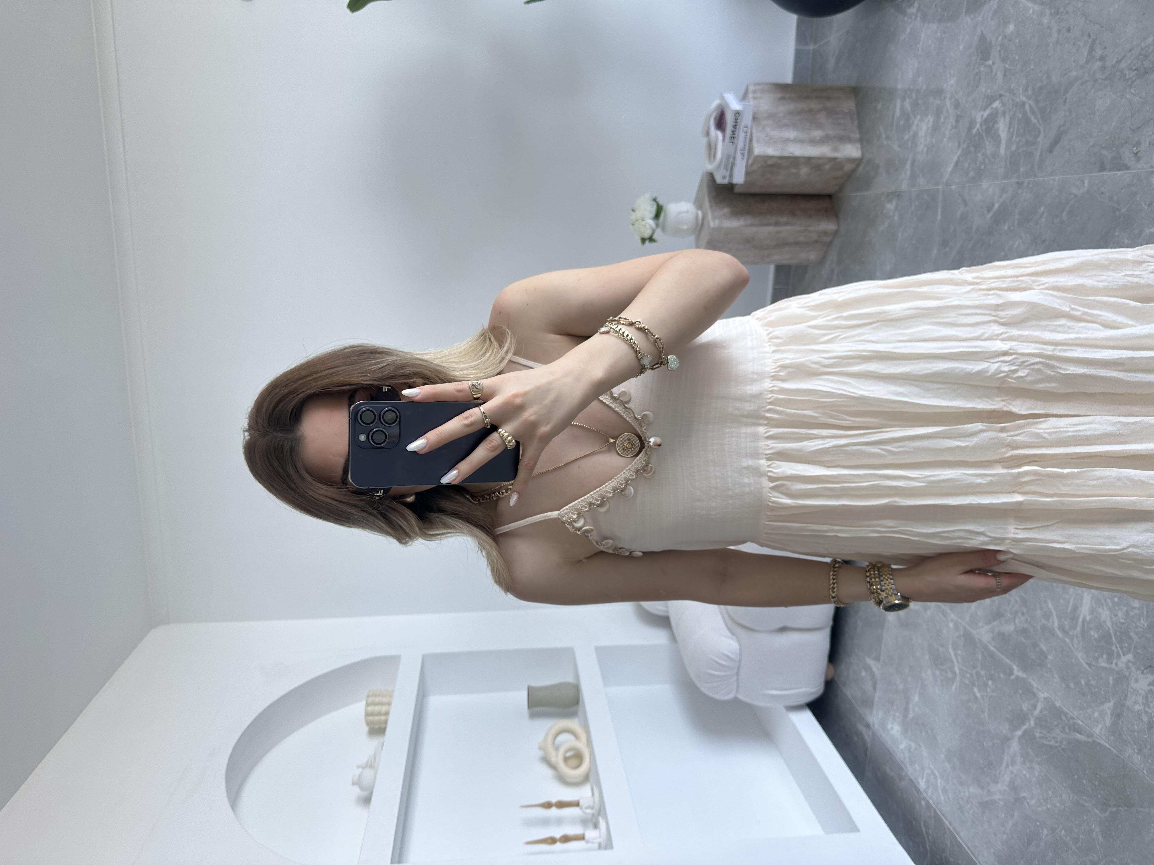 Bej Deniz Kabuğu İşlemeli Rustik Elbise