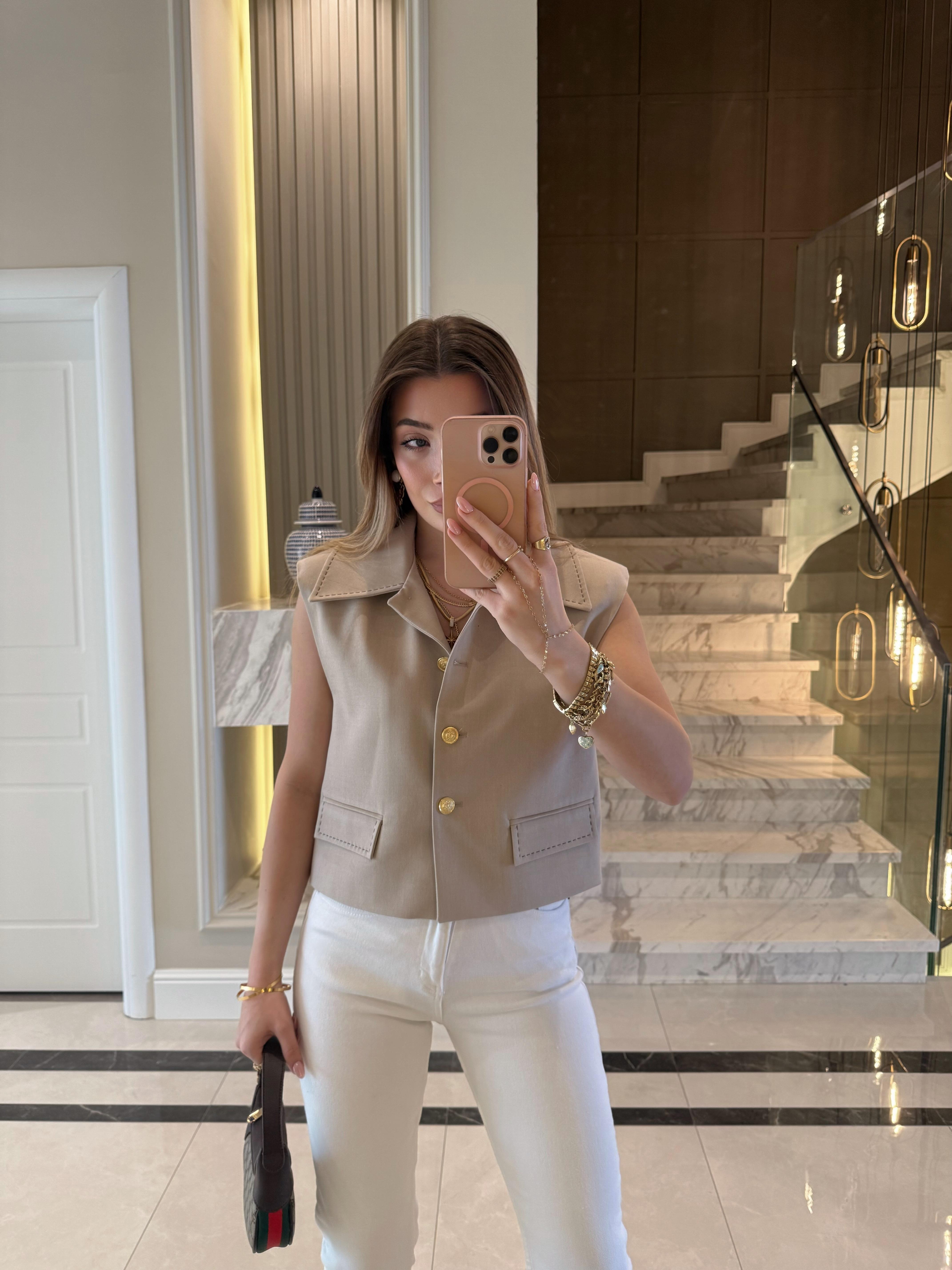 Bej Dikiş Detaylı Yelek-29183