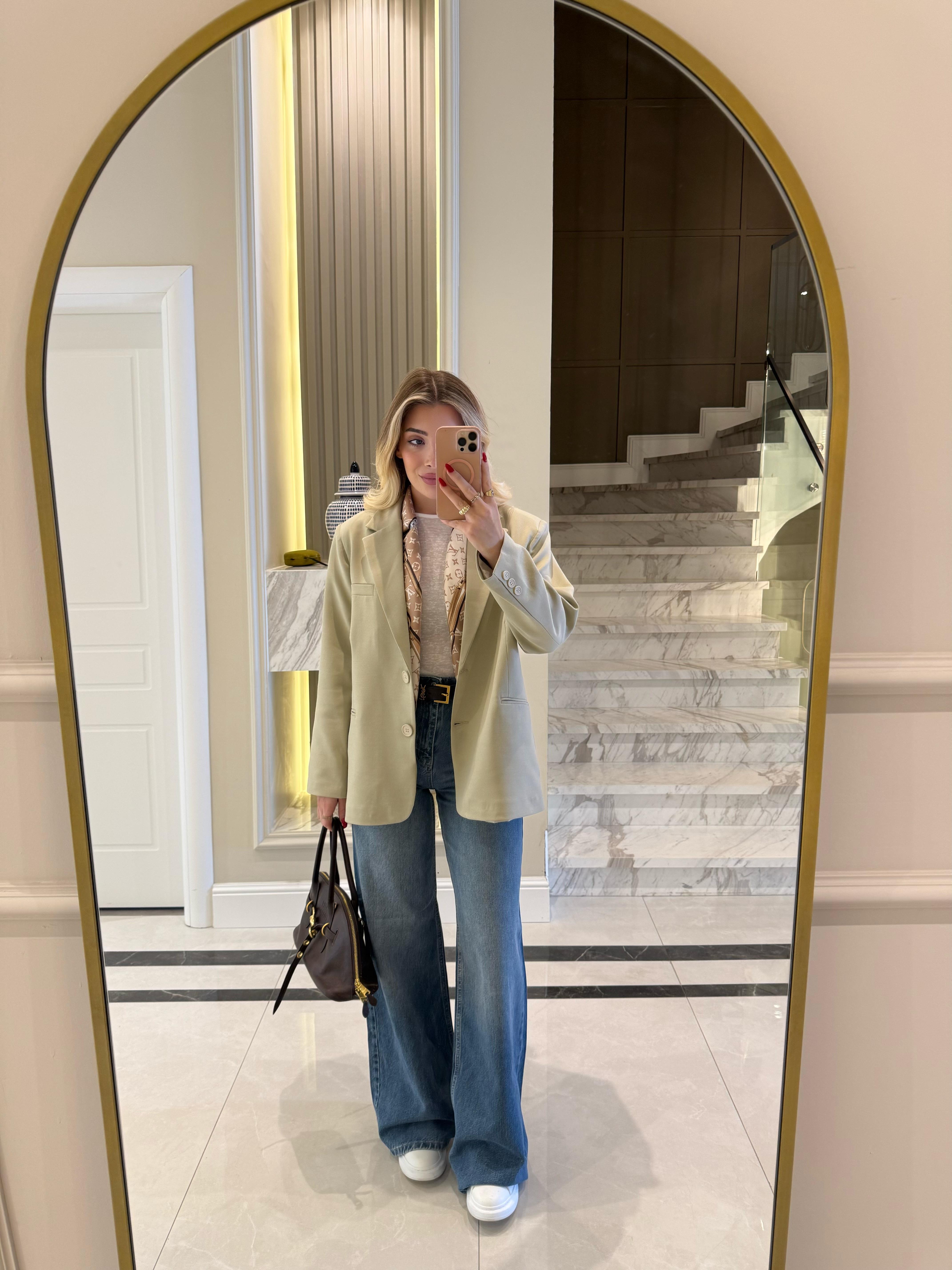 Bej Oversize Poliviskon Blazer Ceket