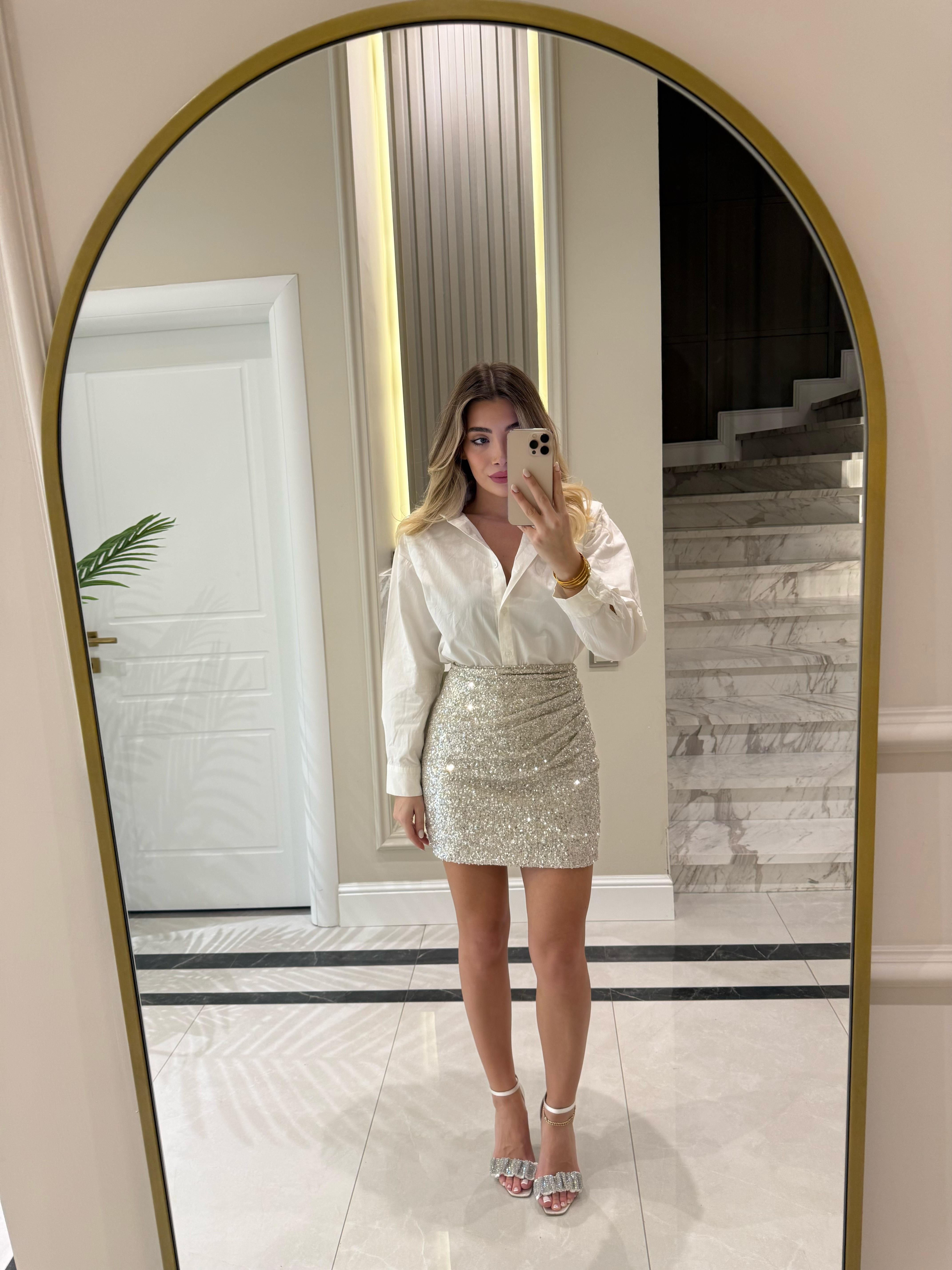 Bej Payetli Drapeli Etek