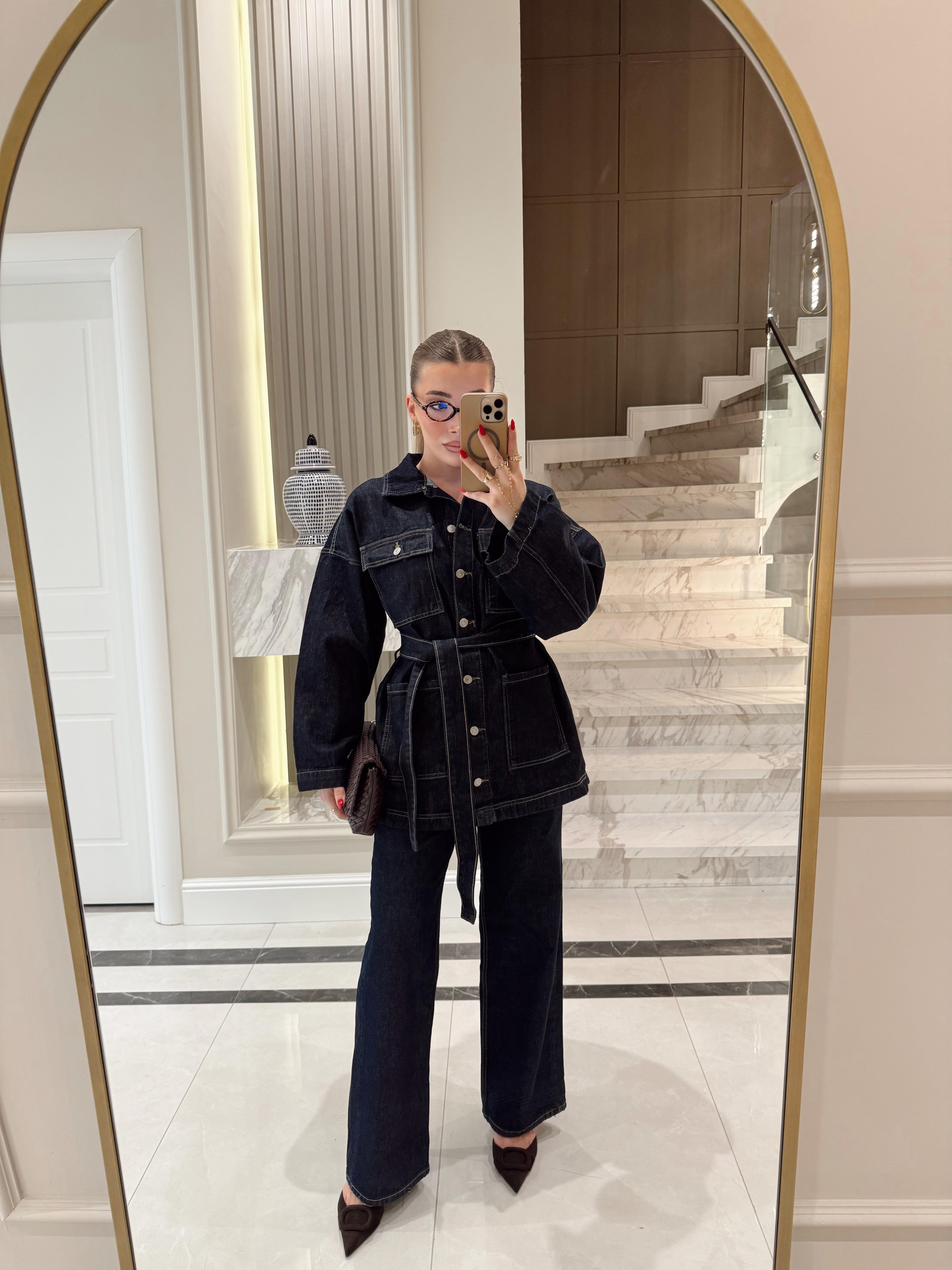 Belden Kuşaklı Lacivert Denim Ceket-Pantolon Takım