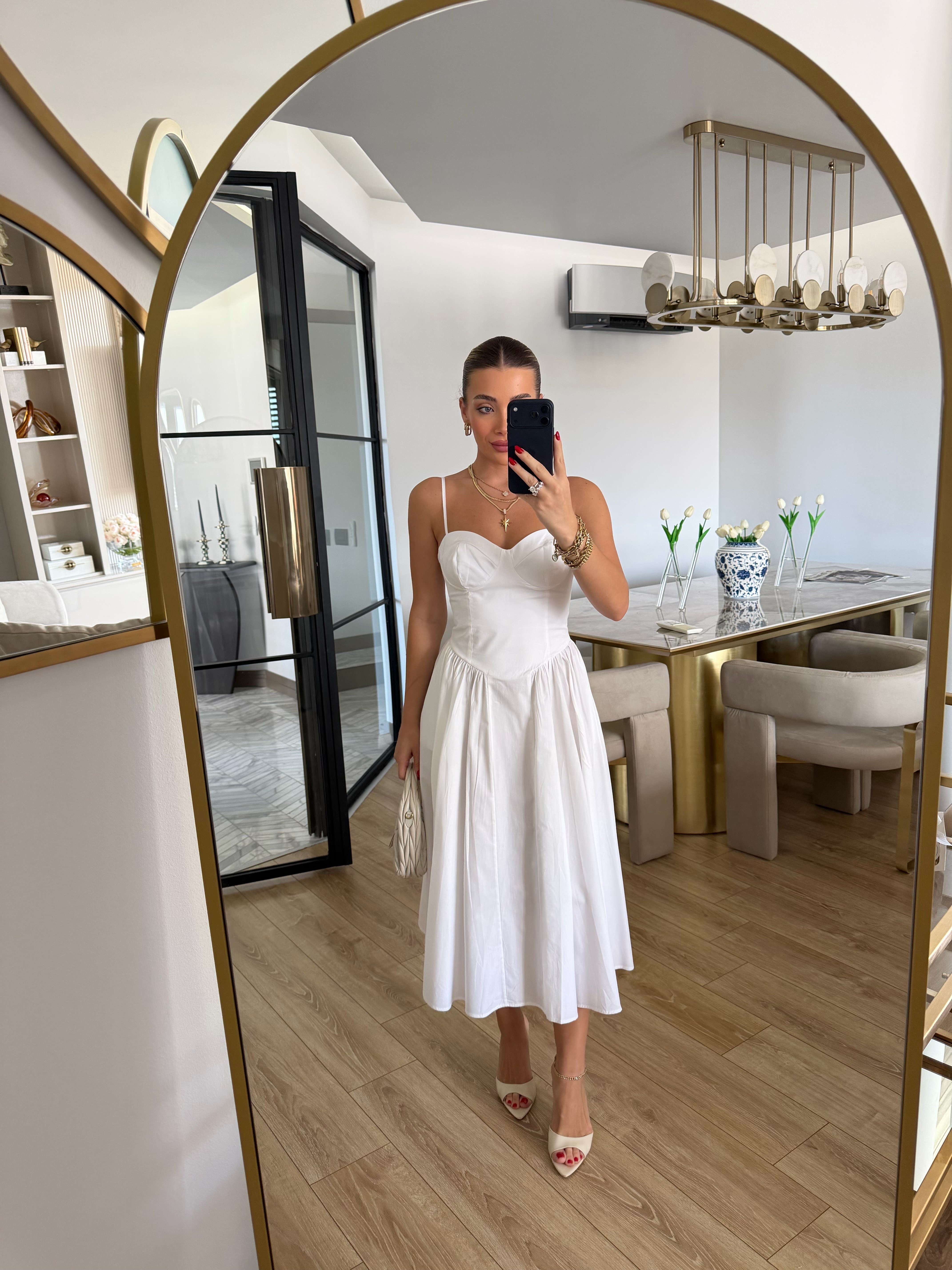 Beyaz Askılı Gögüs Gloplu Maxi Elbise- 12367