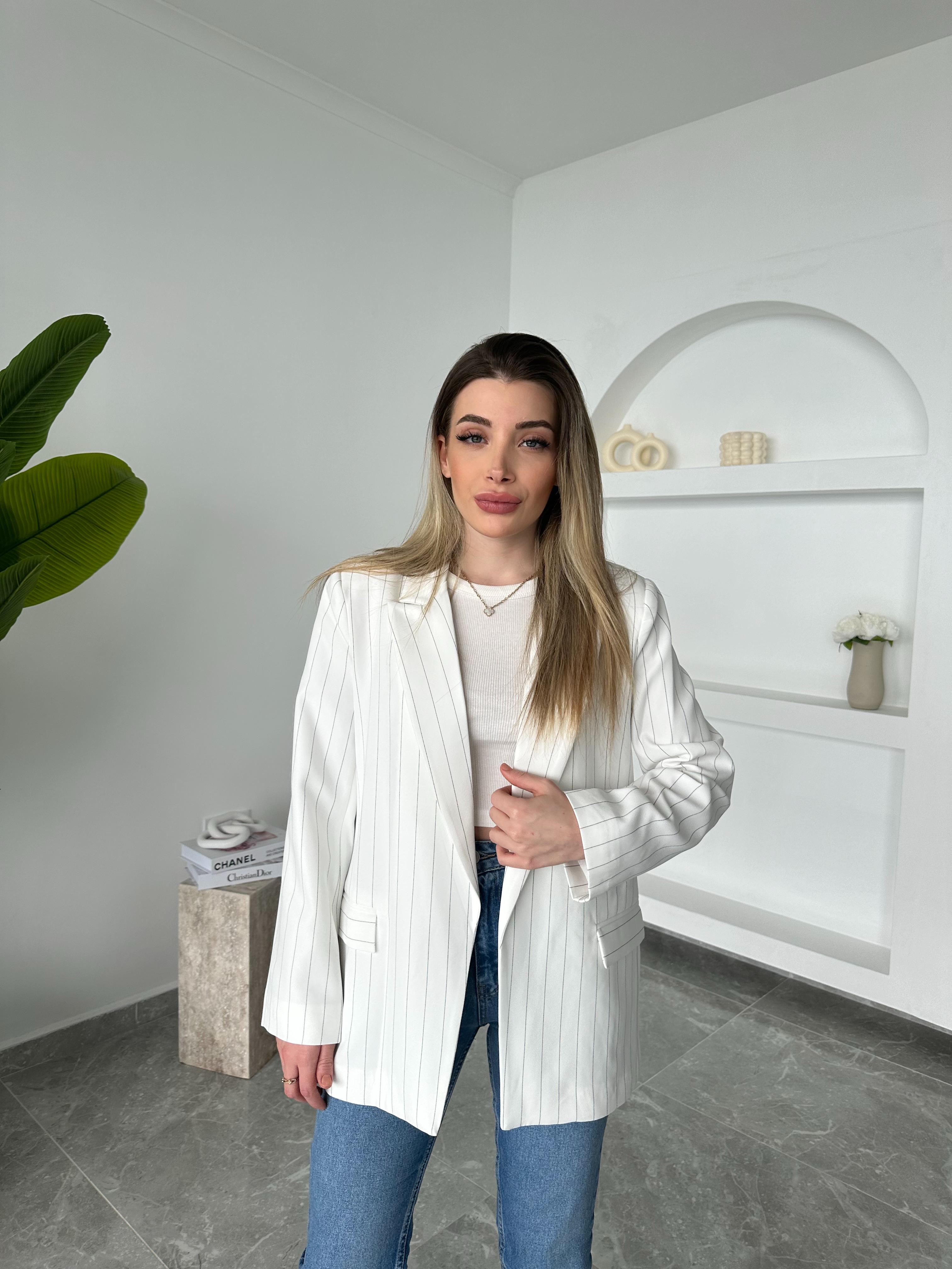Beyaz Çizgili Blazer Ceket qz