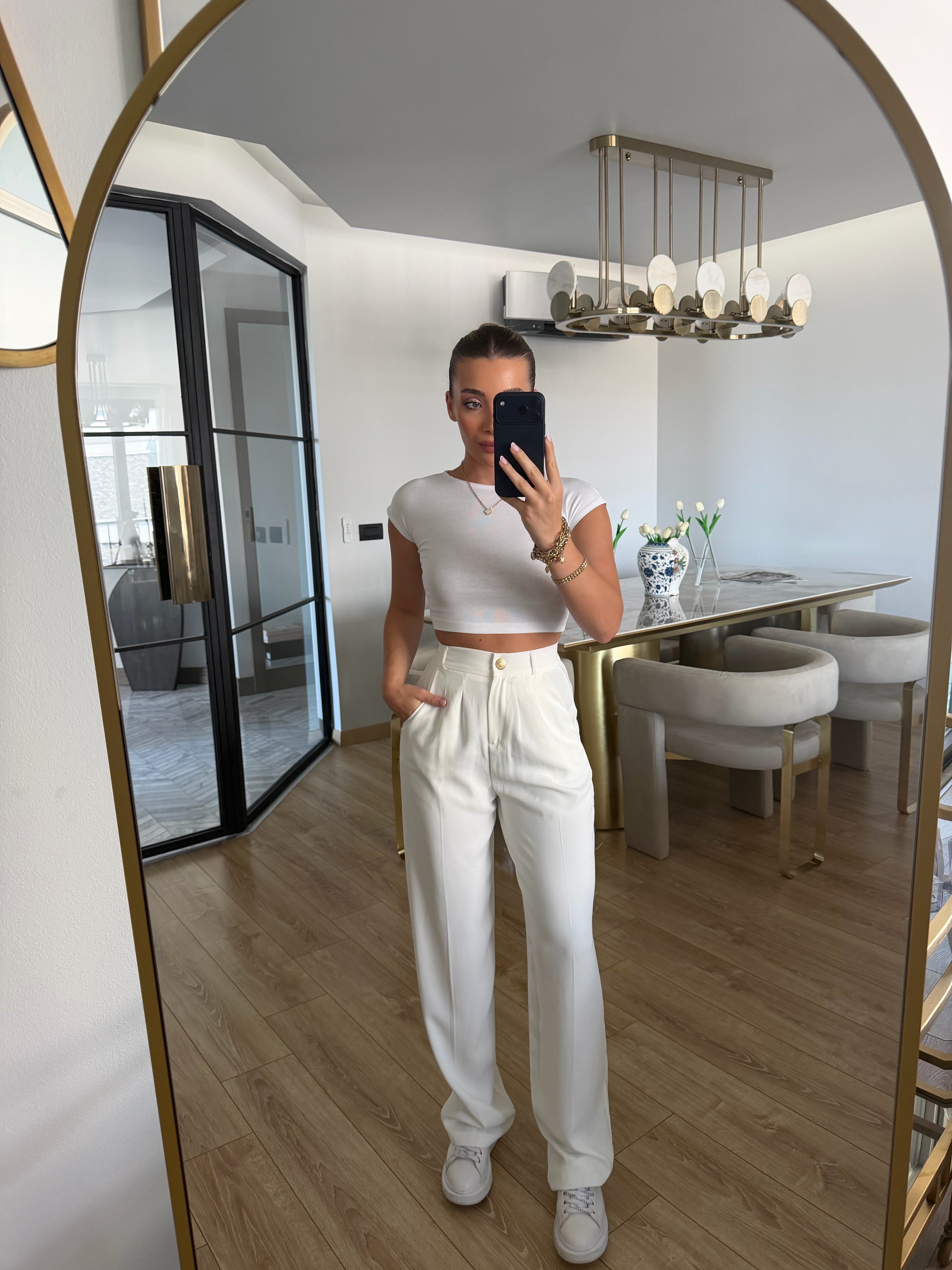 Beyaz Gold Düğmeli Pileli Palazzo Pantolon - 51078