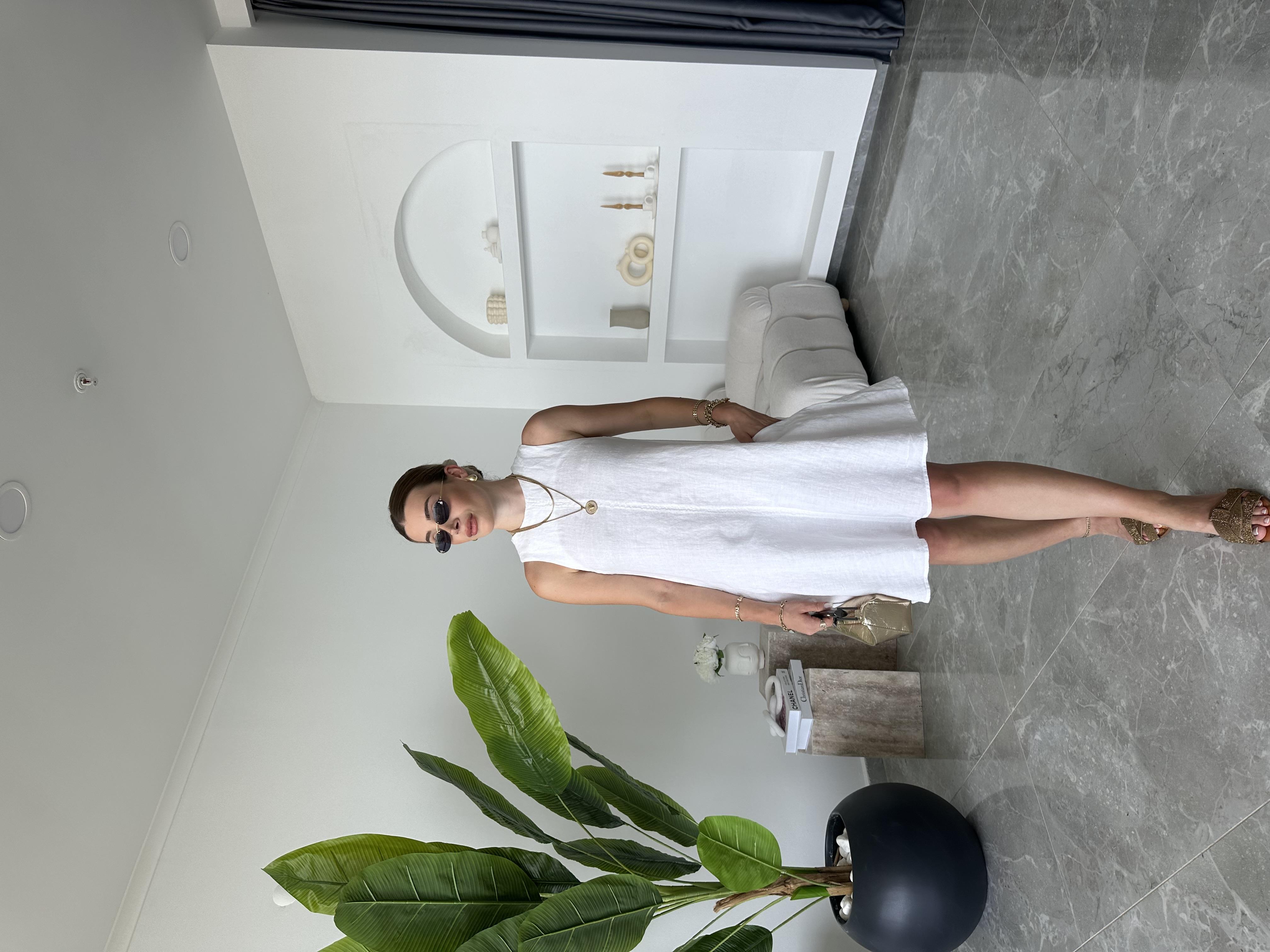 Beyaz Ham Keten Sıfır Kol Elbise