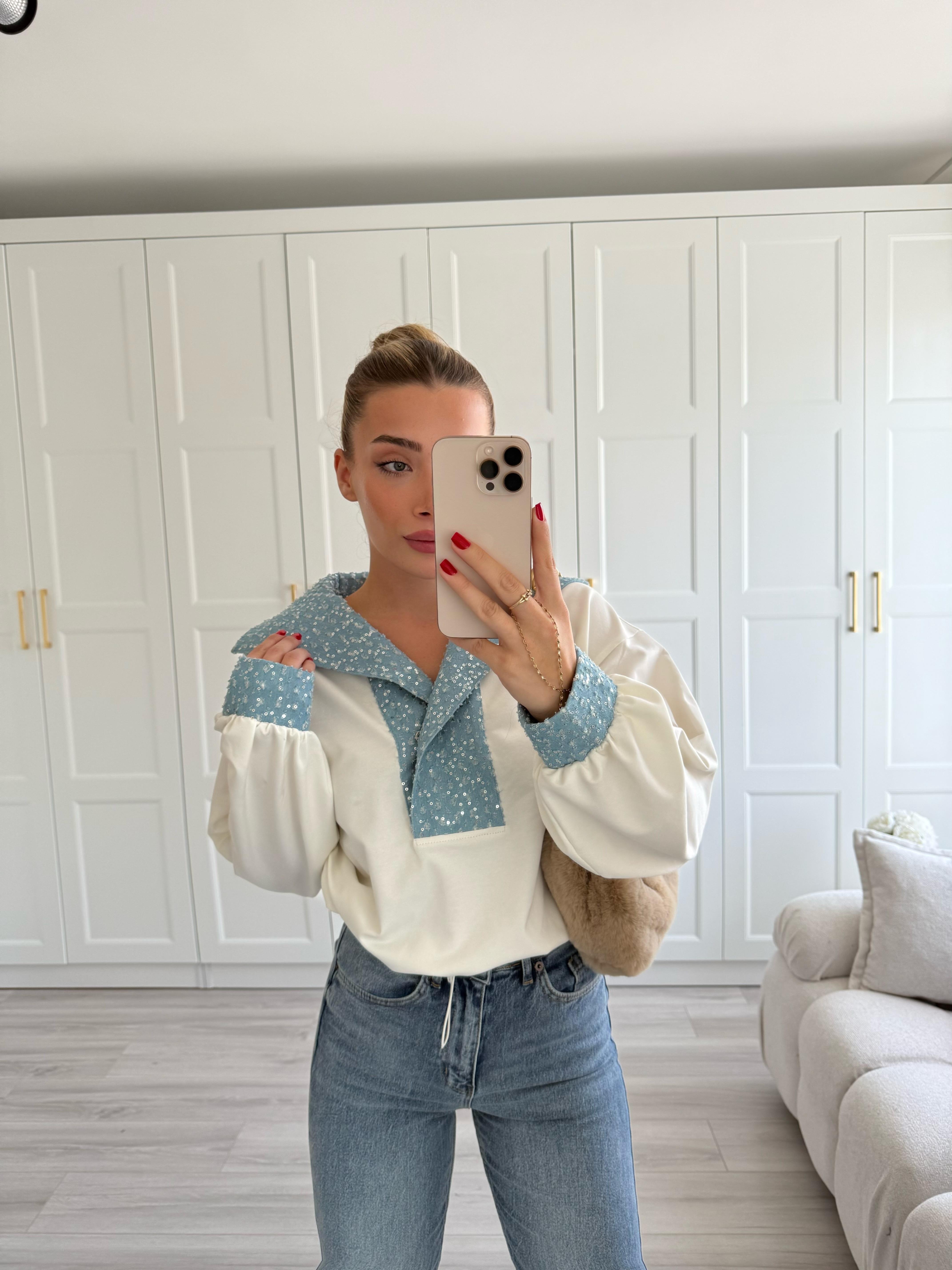 Beyaz Payetli Kot Garnili Sweat-2194