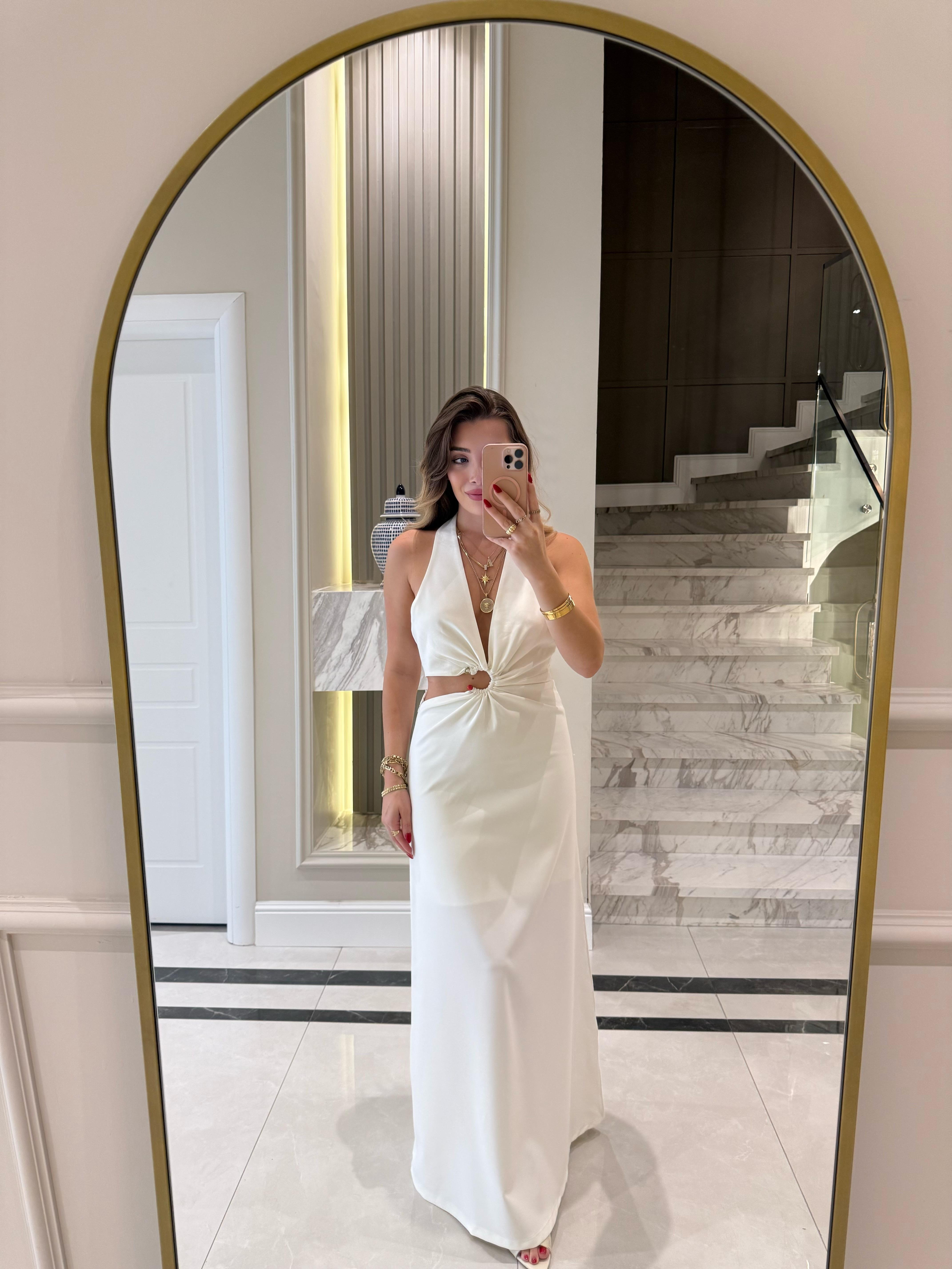 Beyaz  Pencere Detaylı Boyundan Askılı Uzun Elbise