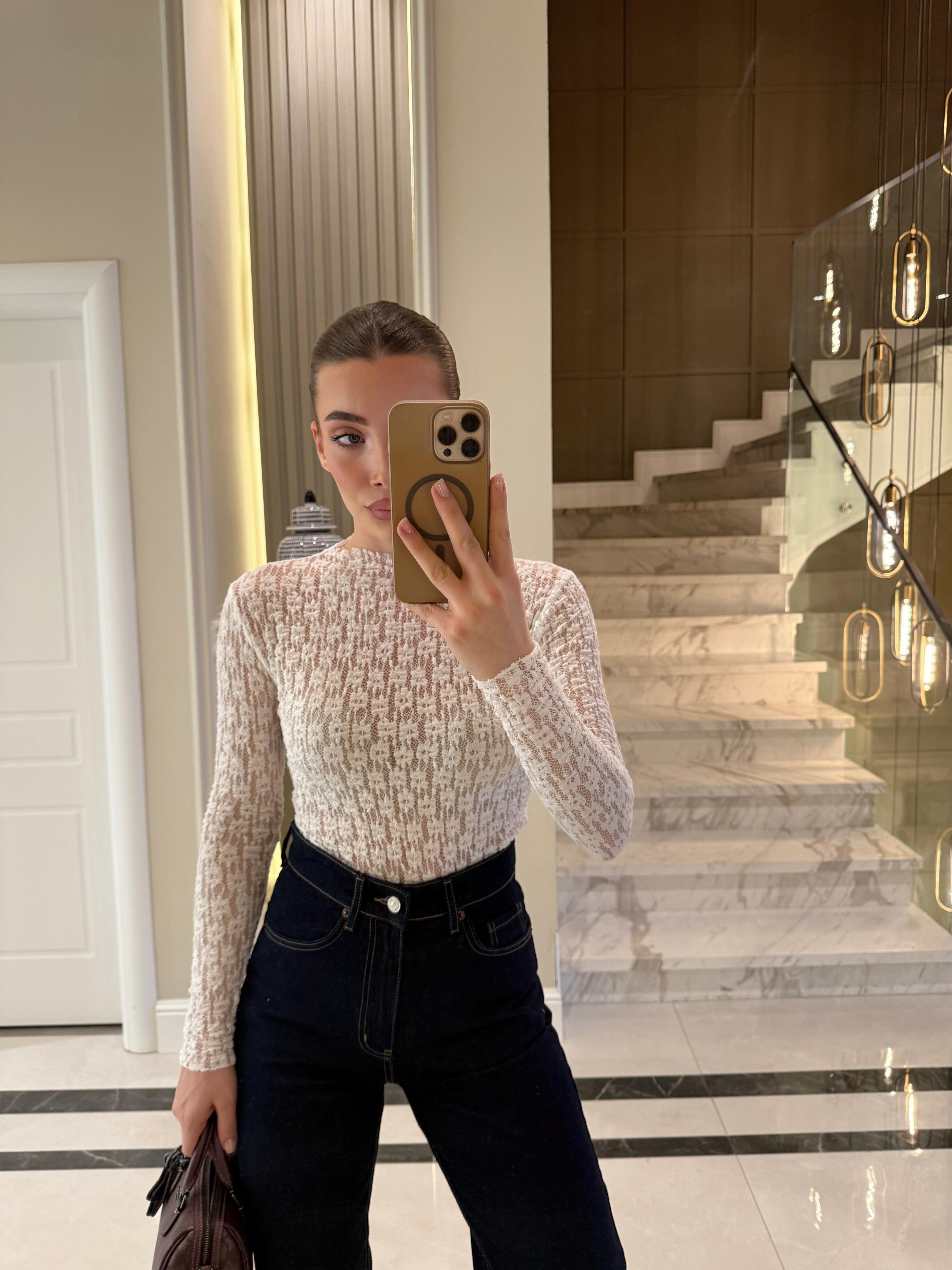 Beyaz Transparan Dantel Bluz