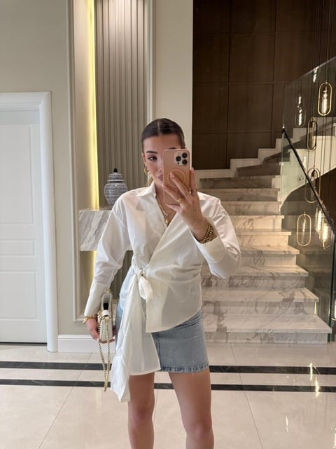 Beyaz Yandan Bağlamalı Poplin Gömlek-QZ