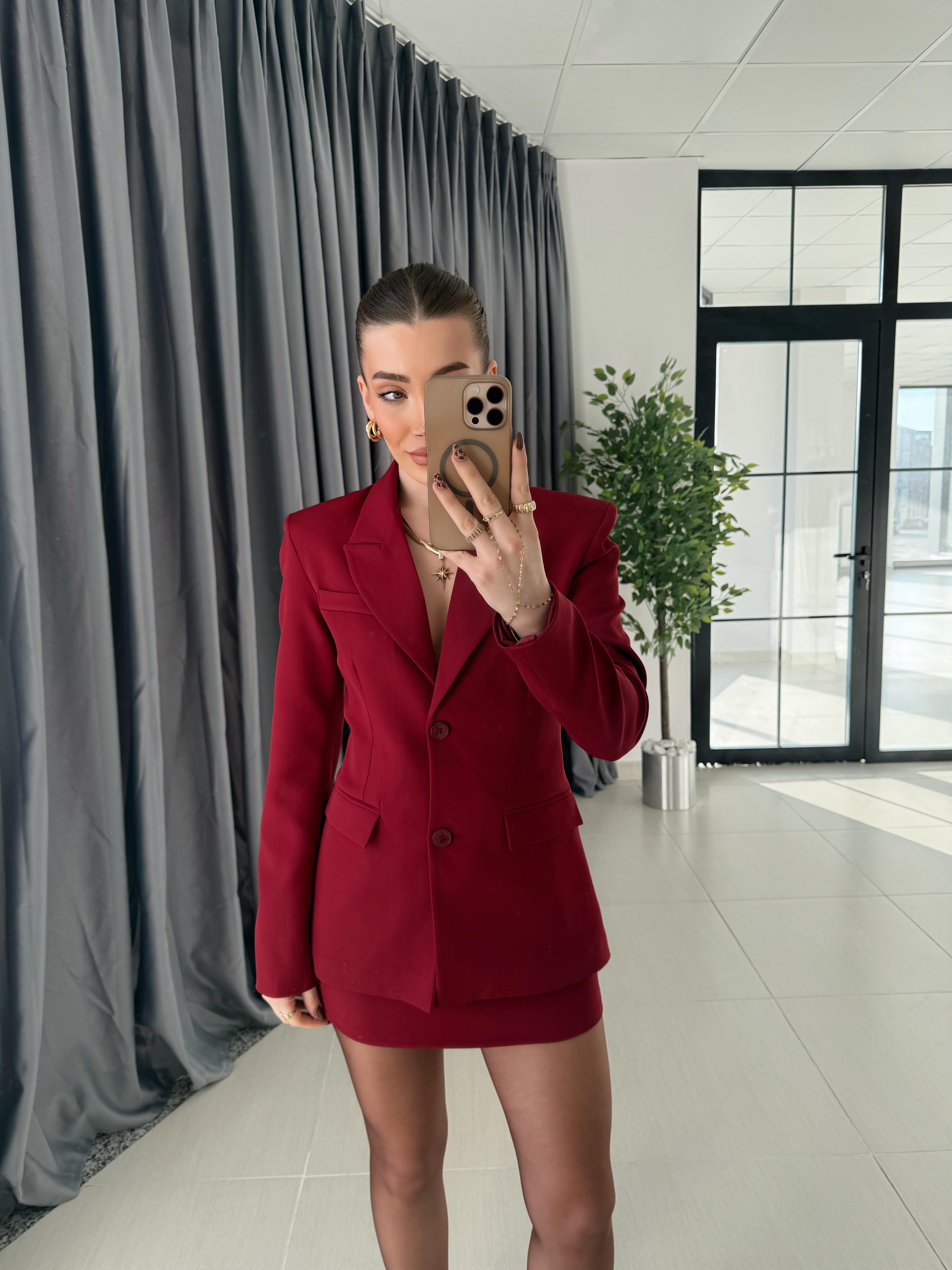 Bordo Blazer Ceket-Etek Takım