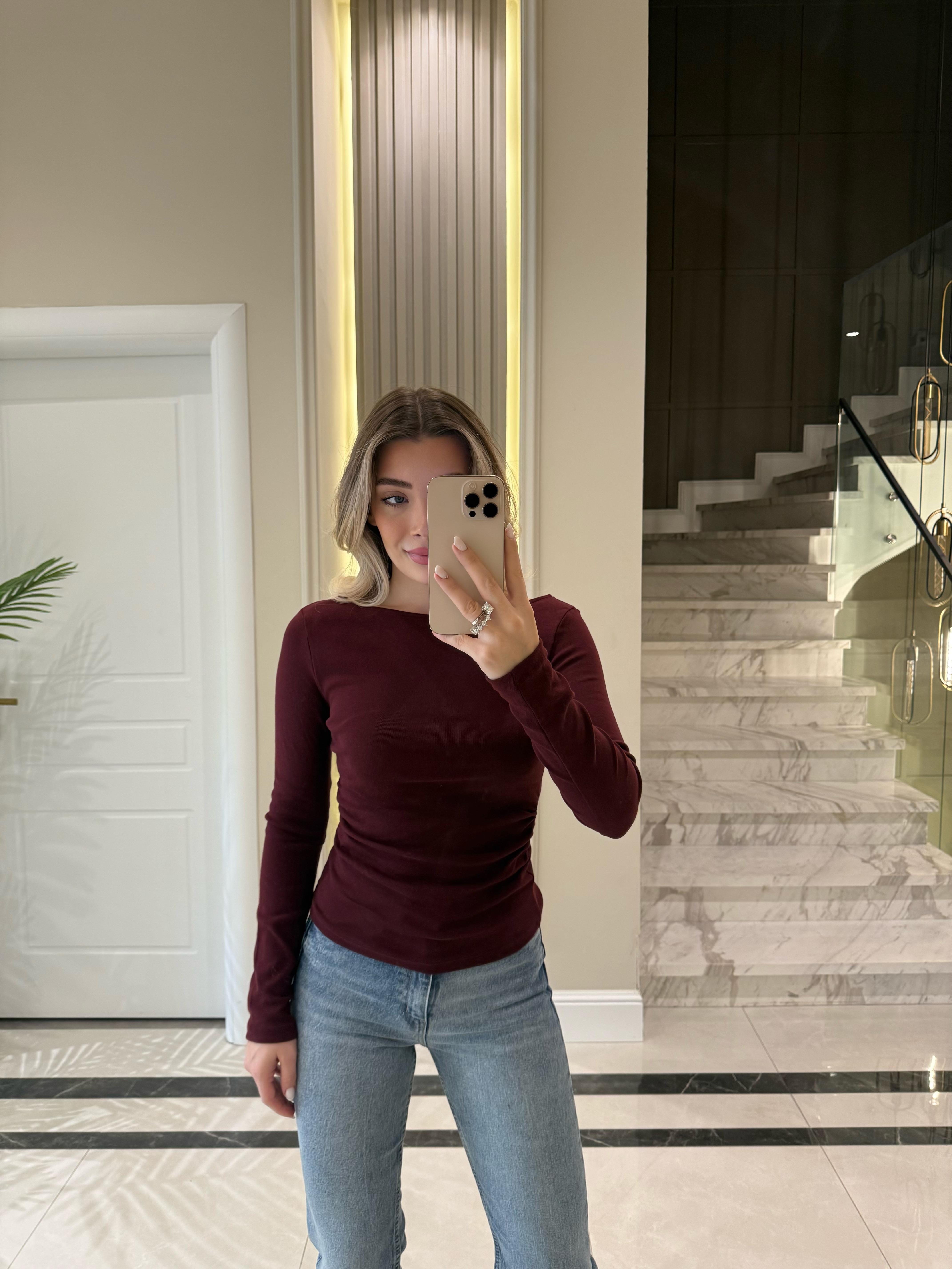Bordo  Büzgülü Kayık Yaka Top-31401