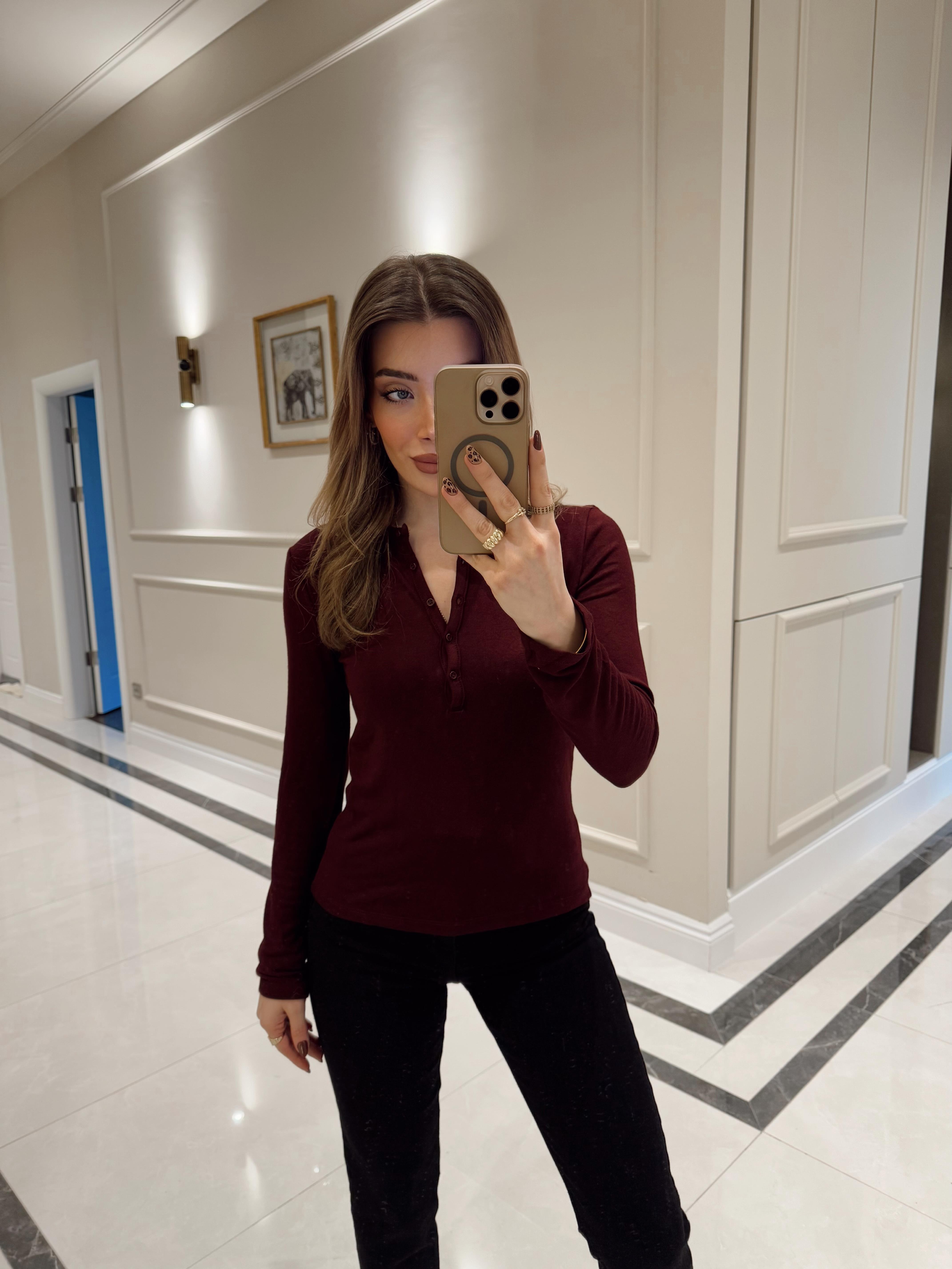 Bordo DLV Düğmeli Uzun Kollu Top