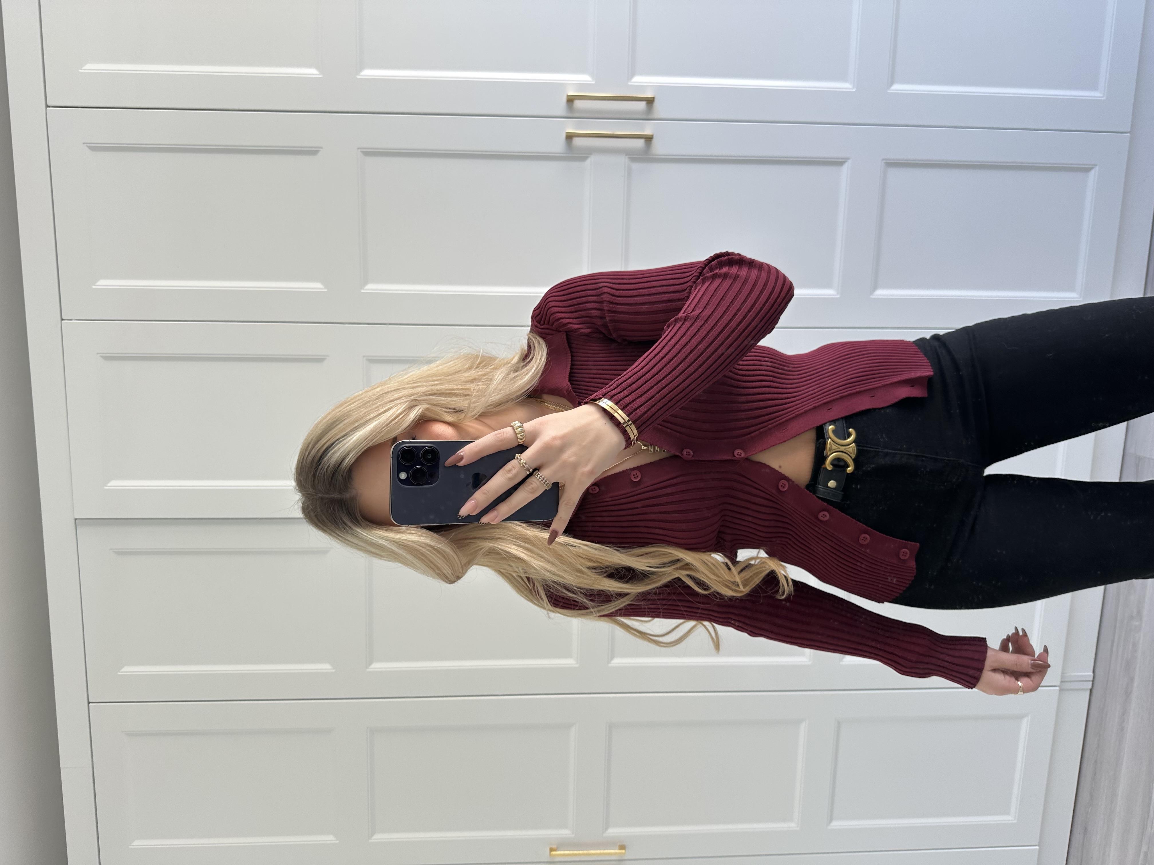 Bordo Düğmeli Fitilli Triko Hırka 