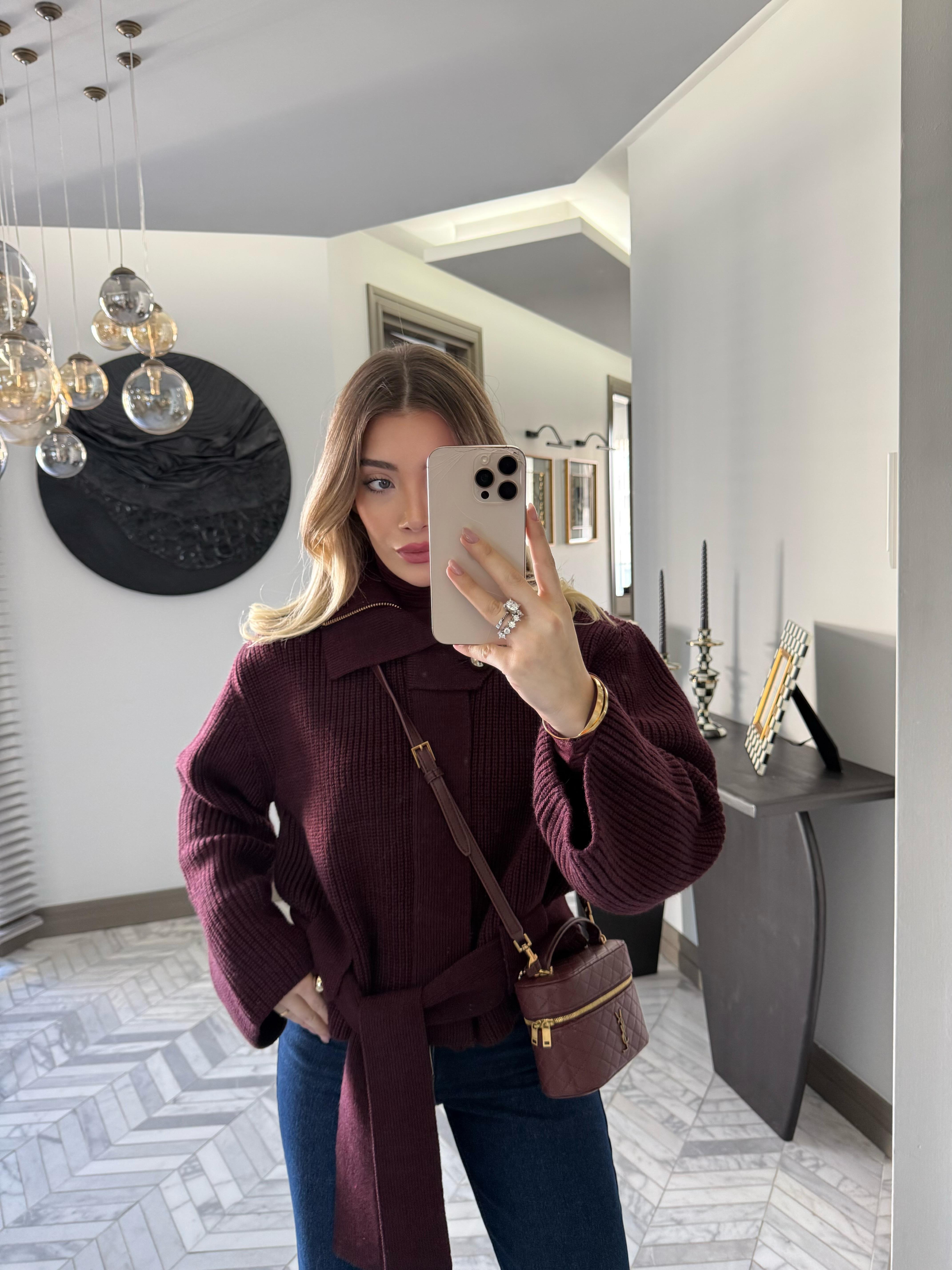 Bordo Fermuarlı Kemerli Düğmeli Yünlü Triko Hırka -60988