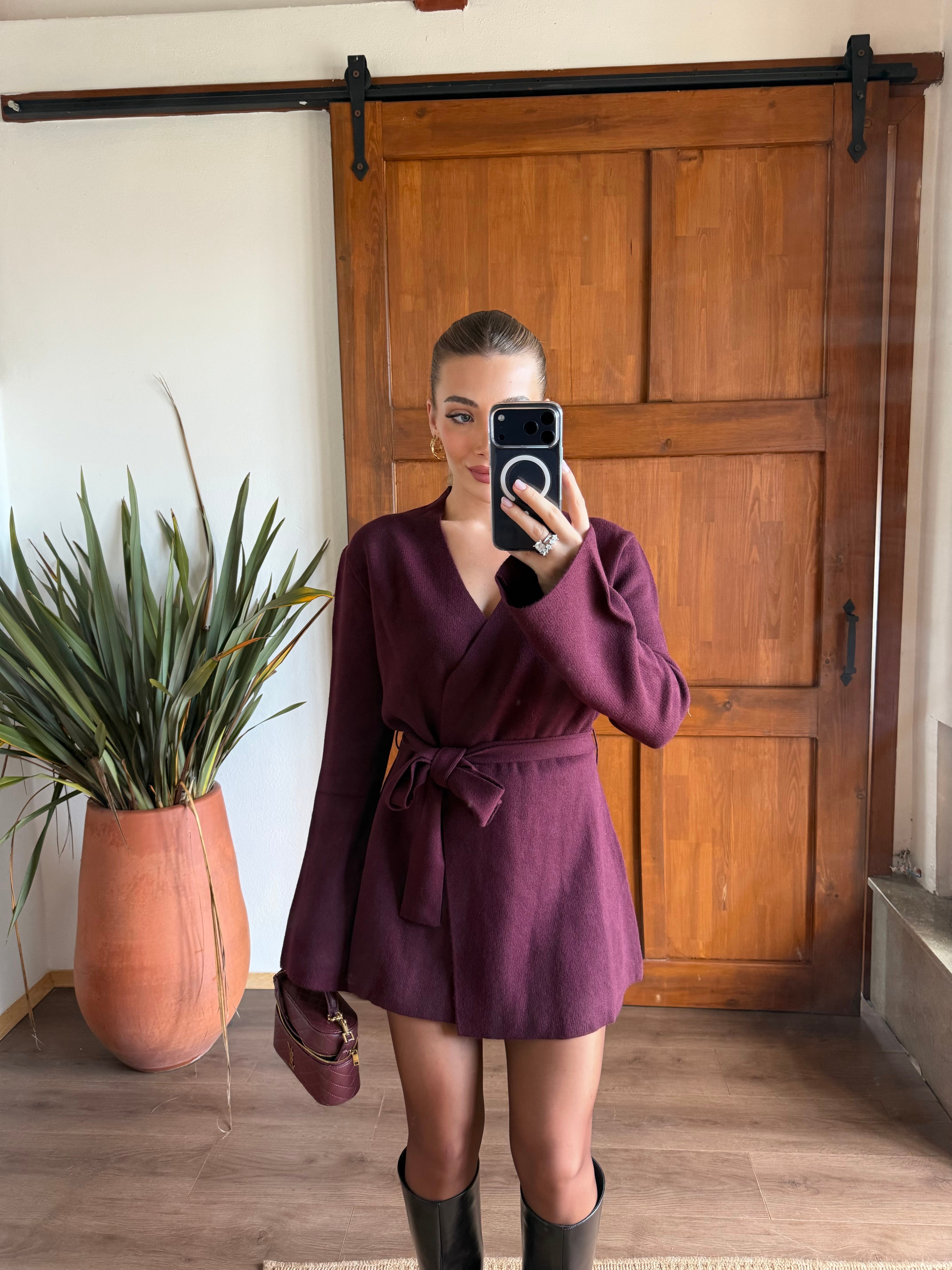 Bordo Kruvaze Kemerli Yün Karışımlı Triko Hırka - 61002
